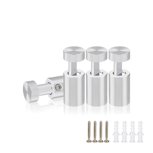 (Set of 4) 1/2'' Diameter X 3/4'' Barrel Length, Aluminum Clear Shiny Anodized Finish. Adjustable Edge Grip Standoff with (4) 2208Z Screw and (4) LANC1 Anchor for concrete/drywall (For Inside Use Only)